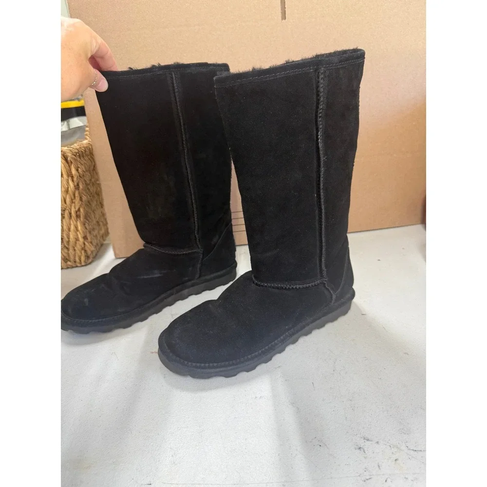 Bearpaw Emma Tall Black Suede Sheepskin Fur Lined Winter Boots Womens 11